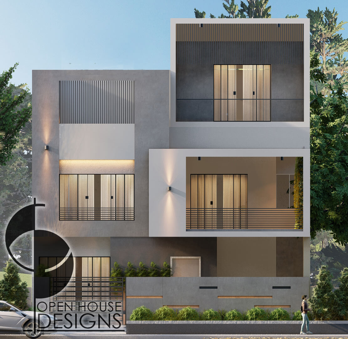 Contemporary Residence Elevation Design with spacious balconies