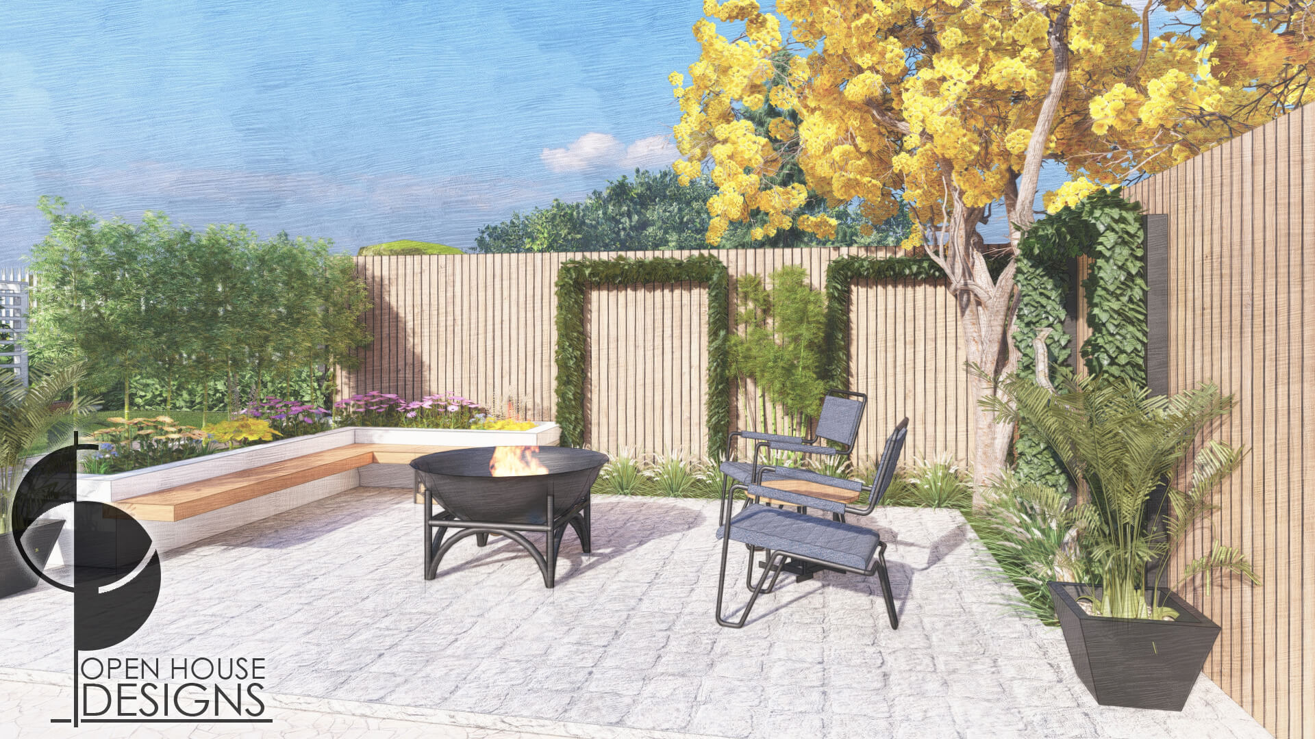 Landscape Design with pergola, patio, flower beds and more